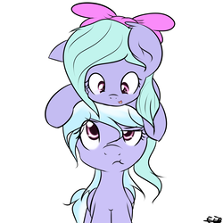 Size: 2000x2000 | Tagged: safe, artist:freefraq, cloudchaser, flitter, pony, g4, 30 minute art challenge, cute, filly, flitter riding cloudchaser, ponies riding ponies, pony hat, riding