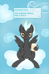 Size: 1600x2400 | Tagged: safe, artist:mizunny, thunderlane, pegasus, pony, g4, alcohol, cloud, dialogue, looking at you, male, mug, sitting, sky, solo, stallion, talking to viewer