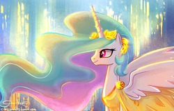 Size: 1359x868 | Tagged: safe, artist:cherryviolets, princess celestia, g4, clothes, dress, female, headdress, smiling, solo, spread wings, toga