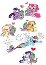 Size: 848x1200 | Tagged: safe, artist:mickeymonster, applejack, fluttershy, pinkie pie, rainbow dash, rarity, spike, twilight sparkle, dragon, earth pony, pegasus, pony, unicorn, g4, baby, baby dragon, blushing, cheek kiss, cute, cutie mark, dialogue, ew gay, female, flying away, heart, jackabetes, kissing, male, mane seven, mane six, one eye closed, one of these things is not like the others, ship:applespike, ship:flutterspike, ship:pinkiespike, ship:rainbowspike, ship:sparity, ship:twispike, shipping, shipping denied, simple background, spikabetes, spike gets all the mares, spikelove, straight, surprised, tsunderainbow, tsundere, tsunjack, valentine's day, varying degrees of want, white background