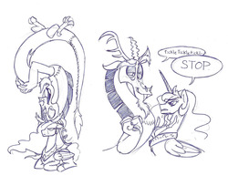 Size: 1200x981 | Tagged: safe, artist:mickeymonster, discord, princess celestia, g4, angry, celestia is not amused, dialogue, monochrome, sketch, tickling, unamused