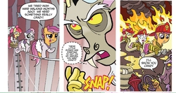 Size: 1371x732 | Tagged: safe, artist:tony fleecs, idw, official comic, apple bloom, discord, scootaloo, sweetie belle, draconequus, earth pony, pegasus, pony, unicorn, friends forever #2, g4, my little pony: friends forever, spoiler:comic, clothes, comic, cute, cutealoo, cutie mark crusaders, female, filly, fire, fire hose, firefighter, firefighter applebloom, firefighter crusaders, firefighter helmet, firefighter scootaloo, firefighter sweetie belle, fireponies, foal, helmet, male, speech bubble, tutu