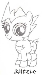 Size: 626x1117 | Tagged: safe, artist:partner345, blitzle, zebra, crossover, cute, female, filly, monochrome, pokémon, solo