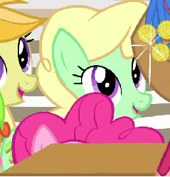 Size: 429x448 | Tagged: safe, screencap, apple honey, jonagold, marmalade jalapeno popette, pinkie pie, earth pony, pony, filli vanilli, g4, season 4, >:d, animated, apple family member, evil smile, female, gif, glare, grin, mare, pure unfiltered evil, smiling, solo focus, soon, watching