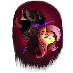 Size: 800x800 | Tagged: safe, artist:evehly, fluttershy, king sombra, g4, bust, crystal, curved horn, dark magic, female, horn, magic, male, ship:sombrashy, shipping, simple background, sombra eyes, straight, transparent background