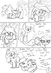 Size: 1411x2006 | Tagged: safe, artist:kyokimute, pinkie pie, rainbow dash, comic:after the pie eating contest, g4, comic, fart, monochrome