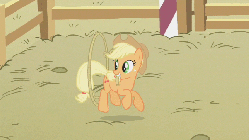 Size: 853x480 | Tagged: safe, screencap, applejack, earth pony, pony, fall weather friends, g4, season 1, animated, blinking, corral, cute, eyes closed, female, fence, grin, hay, hopping, jackabetes, jumping, lasso, looking back, loop, mare, mouth hold, raised hoof, raised leg, smiling, solo