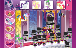 Size: 870x556 | Tagged: safe, screencap, apple bloom, fluttershy, princess cadance, rarity, shining armor, spike, twilight sparkle, g4, official, bowtie, camera, cardboard twilight, clothes, cushion, dress, game, hat, hubworld, letter, multeity, pie, pointy ponies, royal wedding, stained glass, stock vector, suit, throne, throne room, wedding, wedding ring