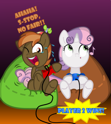 Size: 817x912 | Tagged: safe, artist:changeling #209458, button mash, sweetie belle, g4, cheating, crying, cute, female, gamer belle, male, prehensile tail, ship:sweetiemash, shipping, straight, tickling, video game, whistling