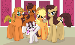 Size: 1280x768 | Tagged: safe, artist:prinnyaniki, applejack, oc, oc:fiji appleoak, oc:malinae, oc:niku, oc:raisin brandy, g4, barn, canon x oc, family, family photo, female, male, next generation, nikack, offspring, parent:applejack, parent:oc:niku, parents:canon x oc, parents:nikack, shipping, straight