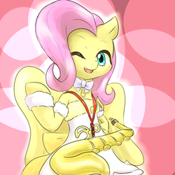 Size: 1000x1000 | Tagged: safe, artist:yajima, fluttershy, pegasus, pony, g4, bipedal, clothes, female, musical instrument, one eye closed, pixiv, saxophone, solo, wink