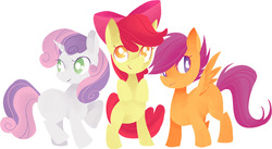 Size: 1280x703 | Tagged: dead source, safe, artist:starrypon, apple bloom, scootaloo, sweetie belle, earth pony, pegasus, pony, unicorn, g4, bipedal, blank flank, cutie mark crusaders, female, filly, foal, raised hoof, simple background, white background