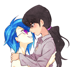 Size: 648x573 | Tagged: safe, artist:re_ghotion, dj pon-3, octavia melody, vinyl scratch, human, g4, clothes, ear piercing, earring, eye contact, female, grin, hairband, humanized, imminent kissing, jewelry, lesbian, looking at each other, nudity, piercing, ship:scratchtavia, shipping, shirt, simple background, smiling, sunglasses, white background