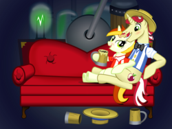 Size: 4320x3240 | Tagged: safe, artist:cheezedoodle96, flam, peachy pitt, pony, g4, the super speedy cider squeezy 6000, bedroom eyes, blushing, cider, couch, cuddling, date, female, grin, male, mug, peachyflam, shipping, sitting, smiling, snuggling, straight, super speedy cider squeezy 6000, tankard, vector, wip