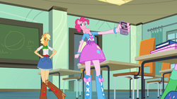 Size: 492x723 | Tagged: safe, edit, edited screencap, screencap, applejack, pinkie pie, centaur, mantis pony, reverse centaur, equestria girls, g4, my little pony equestria girls, balloon, book, boots, bracelet, cellphone, centaur pie, centaurjack, classroom, clothes, computer, high heel boots, iphone, jewelry, laptop computer, skirt, wat