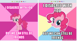 Size: 510x273 | Tagged: safe, pinkie pie, derpibooru, g4, exploitable meme, filly, forced juxtaposition, friends, image macro, juxtaposition, juxtaposition win, meme, meta, text