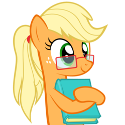 Size: 1068x1072 | Tagged: safe, artist:zacatron94, part of a set, applejack, earth pony, pony, g4, adorkable, alternate hairstyle, book, cute, dork, female, freckles, glasses, jackabetes, mare, meganekko, nerd pony, ponytail, simple background, solo, transparent background, vector