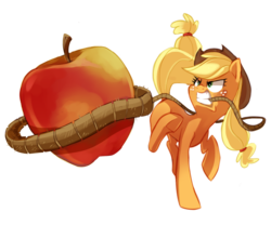 Size: 1208x1007 | Tagged: safe, artist:pepooni, applejack, g4, apple, female, giant apple, lasso, mouth hold, simple background, solo, transparent background