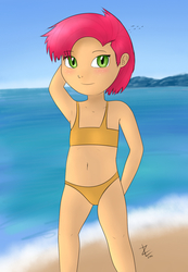 Size: 900x1300 | Tagged: safe, artist:zekromlover, babs seed, human, g4, beach, belly button, bikini, clothes, female, humanized, ocean, solo, sports bra, swimsuit, water