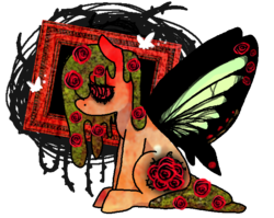 Size: 708x564 | Tagged: safe, artist:faeby, pony, butterfly wings, gertrud, ponified, puella magi madoka magica, rose, sad, solo, witch