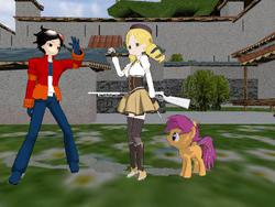 Size: 512x384 | Tagged: safe, artist:solomen, scootaloo, human, g4, 3d, generator rex, gun, magical girl, mami tomoe, puella magi madoka magica, rex salazar