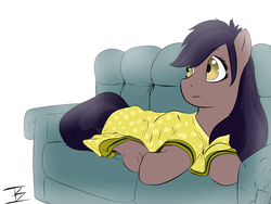 Size: 4000x3000 | Tagged: safe, artist:infernalbeggar, oc, oc only, clothes, couch, dress, looking back, prone, smiling, solo, underhoof