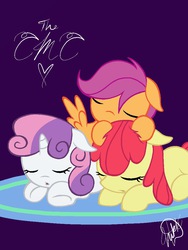 Size: 768x1024 | Tagged: safe, artist:o0vinylscratch0o, apple bloom, scootaloo, sweetie belle, earth pony, pegasus, pony, unicorn, g4, cuddle puddle, cuddling, cute, cutie mark crusaders, eyes closed, female, filly, floppy ears, foal, hnnng, open mouth, pony pile, purple background, signature, simple background, sleeping, spread wings, wings