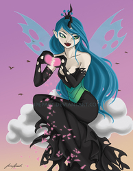 Size: 676x870 | Tagged: safe, artist:jpepart, queen chrysalis, human, g4, elf ears, fangs, female, heart, horn, horned humanization, humanized, solo, winged humanization