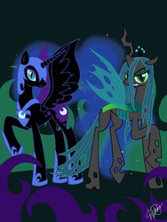 Size: 768x1024 | Tagged: safe, artist:o0vinylscratch0o, nightmare moon, queen chrysalis, alicorn, changeling, changeling queen, pony, g4, female, spread wings, wings