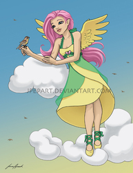 Size: 680x880 | Tagged: safe, artist:jpepart, fluttershy, bird, human, g4, clothes, dress, elf ears, female, humanized, solo, winged humanization