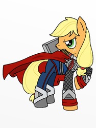 Size: 768x1024 | Tagged: safe, artist:o0vinylscratch0o, applejack, g4, crossover, female, hammer, mouth hold, raised hoof, simple background, solo, the avengers, thor