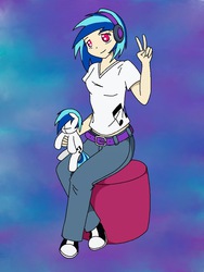 Size: 768x1024 | Tagged: safe, artist:o0vinylscratch0o, dj pon-3, vinyl scratch, human, g4, converse, female, headphones, human ponidox, humanized, peace out, plushie, shoes, solo