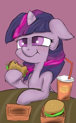 Size: 800x1280 | Tagged: safe, artist:macheteponies, twilight sparkle, alicorn, pony, g4, twilight time, atryl-ish, drink, eating, fast food, female, floppy ears, food, hay burger, mare, solo, style emulation, table, that pony sure does love burgers, twilight burgkle, twilight sparkle (alicorn)