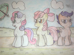 Size: 1024x768 | Tagged: safe, artist:slimcappy, apple bloom, scootaloo, sweetie belle, g4, arrow, cutie mark crusaders, magic, this will end in tears, traditional art