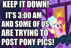 Size: 719x482 | Tagged: safe, edit, edited screencap, screencap, pinkie pie, g4, read it and weep, cropped, female, hat, image macro, imageboard, meme, nightcap, solo