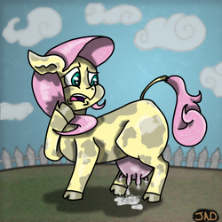 Size: 666x666 | Tagged: source needed, useless source url, safe, artist:justanotherdrawfag, fluttershy, cow, g4, cloven hooves, cowified, female, fence, floppy ears, fluttercow, fluttermilk, frown, lactation, leaking, milk, open mouth, puddle, raised eyebrow, smiling, solo, species swap, udder, uddershy