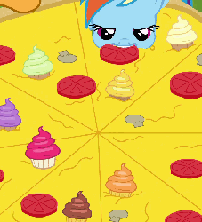 Size: 644x710 | Tagged: safe, screencap, cheese sandwich, rainbow dash, earth pony, pegasus, pony, g4, pinkie pride, season 4, animated, cupcake, eating, food, giant food, gif, nom, pac-dash, pac-man, pizza, size difference, stuffing, that pony sure does love pizza, this will end in weight gain