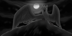Size: 1000x500 | Tagged: safe, artist:carnelian, oc, oc only, griffon, black and white, dark, grayscale, male, moon, solo, stare