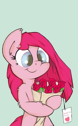 Size: 800x1280 | Tagged: dead source, safe, artist:macheteponies, pinkie pie, earth pony, pony, g4, atryl-ish, blue background, bouquet, crush, cute, cuteamena, diapinkes, female, flower, holiday, in love, pinkamena diane pie, rose, secret admirer, simple background, smiling, solo, style emulation, valentine's day