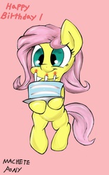 Size: 800x1280 | Tagged: safe, artist:macheteponies, fluttershy, pony, g4, atryl-ish, bipedal, cake, candle, cute, female, happy, happy birthday, shyabetes, smiling, solo, style emulation