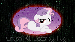 Size: 1920x1080 | Tagged: safe, artist:brovic43, artist:dalekstugaming, sweetie belle, pony, robot, unicorn, g4, bored, crush kill destroy swag, female, filly, foal, hooves, horn, lying down, prone, red eyes, solo, sweetie bot, text, vector, wallpaper