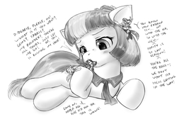 Size: 1393x934 | Tagged: safe, artist:alloyrabbit, coco pommel, rarity, pony, unicorn, g4, bunny girl, bunny suit, clothes, female, fetish, grayscale, imminent vore, mare, micro, monochrome, rariprey, self ponidox, shoulder angel, shoulder devil, socks, tulpa