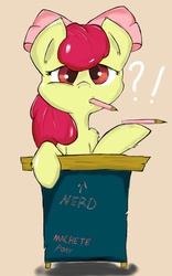 Size: 800x1280 | Tagged: safe, artist:macheteponies, apple bloom, earth pony, pony, g4, class, confused, desk, female, filly, foal, looking at you, mouth hold, pencil, solo