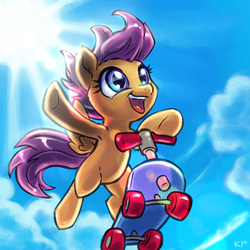 Size: 1600x1600 | Tagged: safe, artist:kp-shadowsquirrel, scootaloo, pegasus, pony, g4, action pose, armpits, blank flank, cloud, cloudy, crepuscular rays, female, filly, foal, happy, low angle, open mouth, riding, scooter, sky, smiling, solo, spread wings, sun, wings