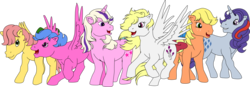 Size: 8649x3000 | Tagged: safe, artist:theshadowstone, applejack (g1), firefly, posey, sparkler (g1), surprise, twilight, g1, bow, g1 six, simple background, tail bow, transparent background