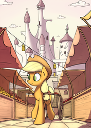 Size: 1413x2000 | Tagged: safe, artist:subjectnumber2394, applejack, g4, canterlot, cart, female, market, solo, working