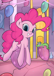Size: 1413x2000 | Tagged: safe, artist:subjectnumber2394, gummy, pinkie pie, g4, balloon, balloon riding, canterlot, floating, riding