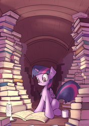 Size: 1413x2000 | Tagged: safe, artist:subjectnumber2394, twilight sparkle, alicorn, pony, book, candle, canterlot, chemistry, cup, drink, female, glasses, mare, pile, reading, science, solo, twilight sparkle (alicorn)