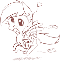 Size: 387x390 | Tagged: safe, artist:rice, derpy hooves, pegasus, pony, g4, cute, derpabetes, female, flying, heart, letter, mailbag, mare, monochrome, mouth hold, solo, spread wings