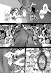 Size: 1052x1500 | Tagged: safe, artist:kigekigahou, artist:sugai, derpy hooves, fluttershy, iron will, pegasus, pony, g4, comic, doujin, female, mare, monochrome, the yellow girl and the green asparagus, translation